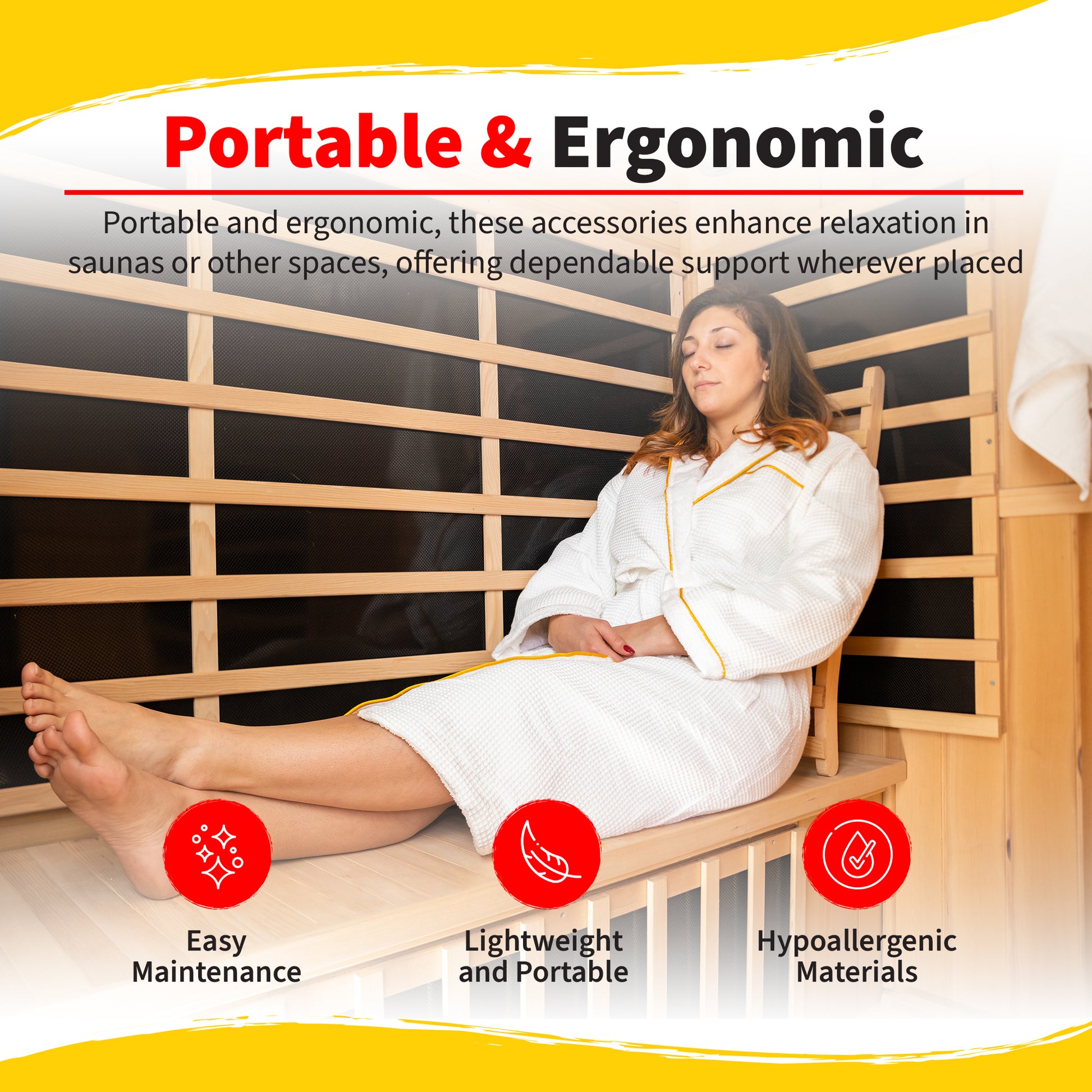 HeatWave Deluxe Sauna Accessory Kit lifestyle infographic titled Portable and Ergonomic, showing a woman in a robe reclining against the backrest with her feet on the legrest inside a sauna, with icons for easy maintenance, lightweight portability, and hypoallergenic materials
