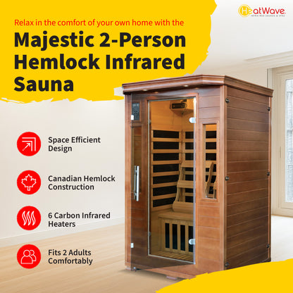 HeatWave 2-Person Hemlock Premium Infrared Sauna feature graphic: space-efficient design, Canadian hemlock, 6 carbon infrared heaters, fits 2 adults