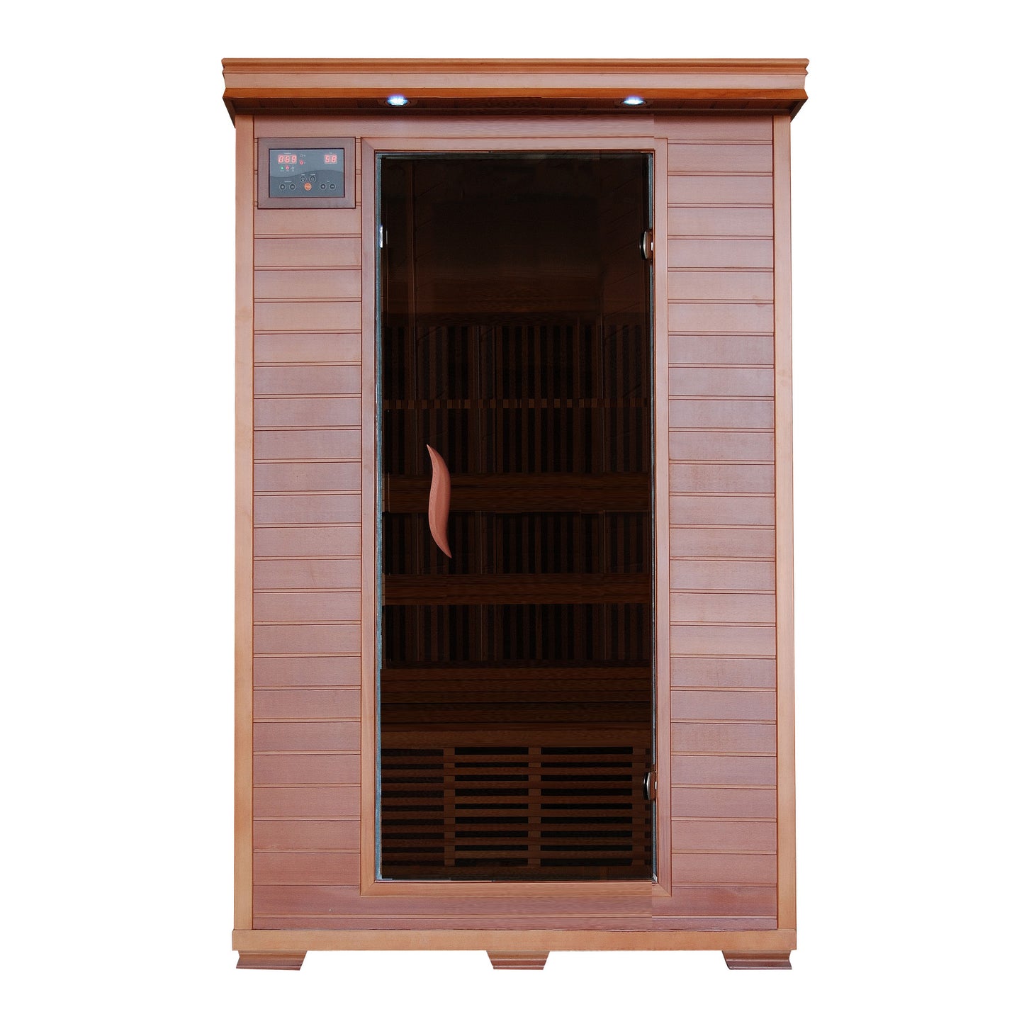 HeatWave Yukon 2-Person Cedar Infrared Sauna, front view with glass door, control panel, cedar cabinet, and interior bench with carbon heaters