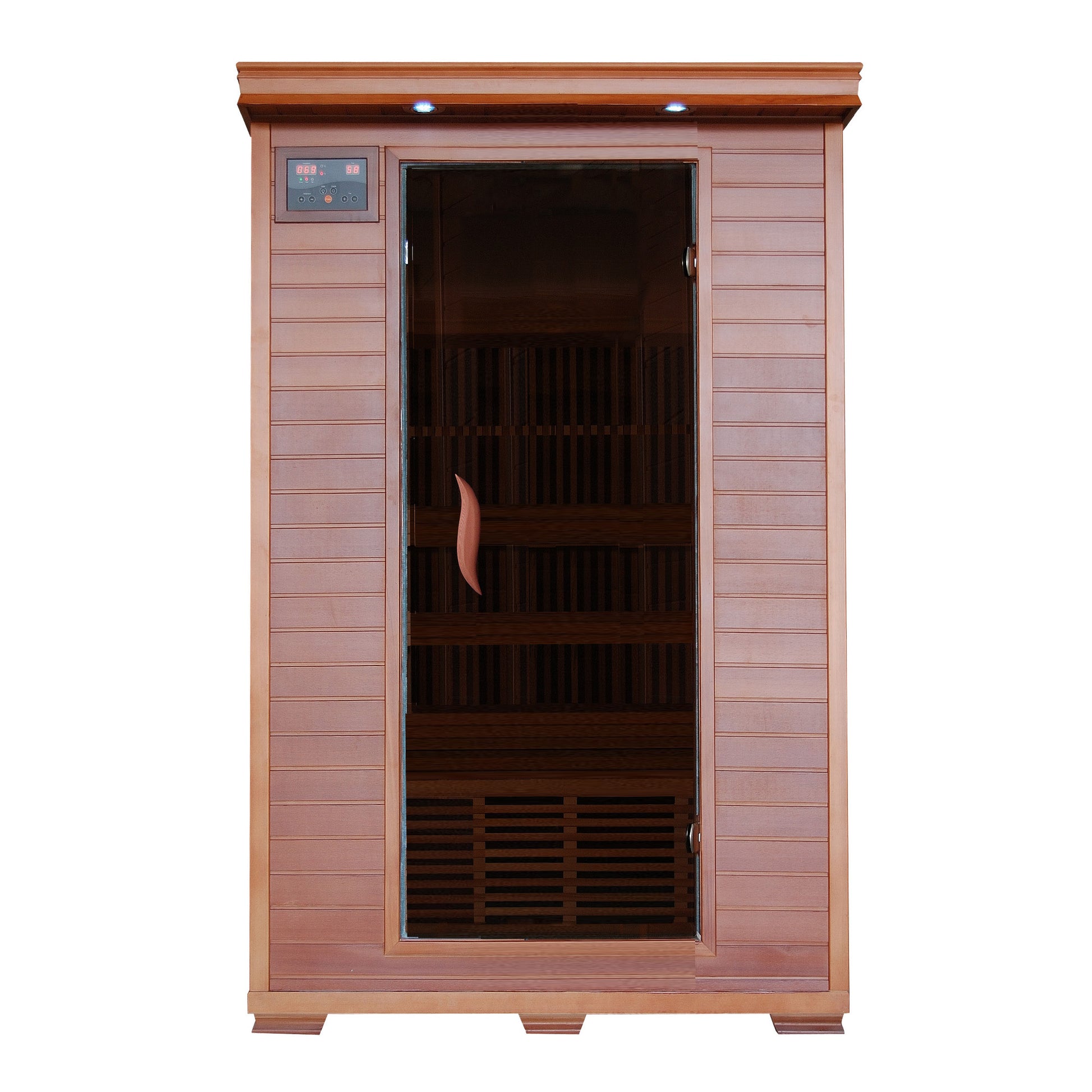 HeatWave Yukon 2-Person Cedar Infrared Sauna, front view with glass door, control panel, cedar cabinet, and interior bench with carbon heaters