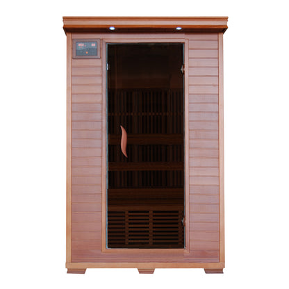 HeatWave Yukon 2-Person Cedar Infrared Sauna, front view with glass door, control panel, cedar cabinet, and interior bench with carbon heaters