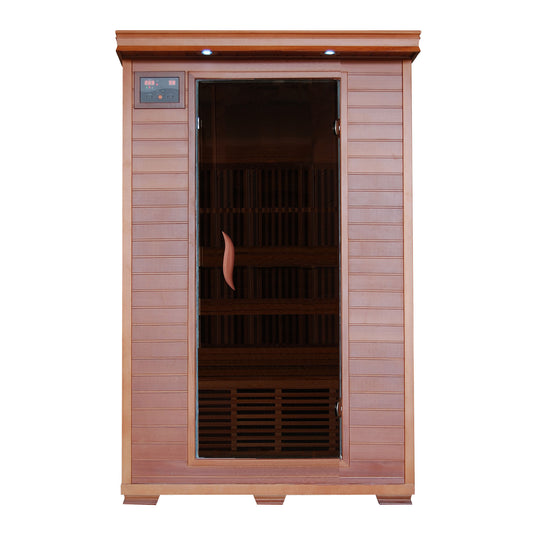 HeatWave Yukon 2-Person Cedar Infrared Sauna, front view with glass door, control panel, cedar cabinet, and interior bench with carbon heaters