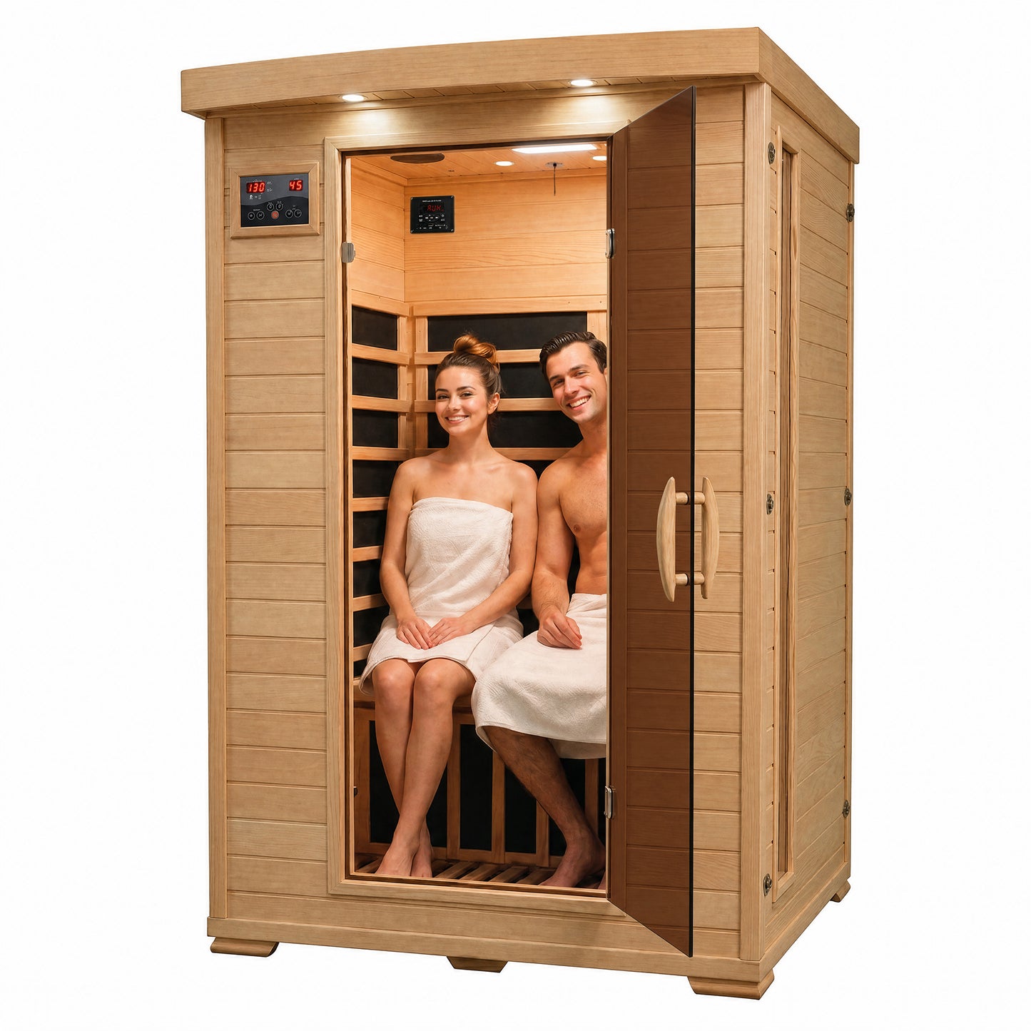 HeatWave Coronado 2-Person Hemlock Deluxe Infrared Sauna with 6 Carbon Heaters, two people relaxing inside with the glass door open