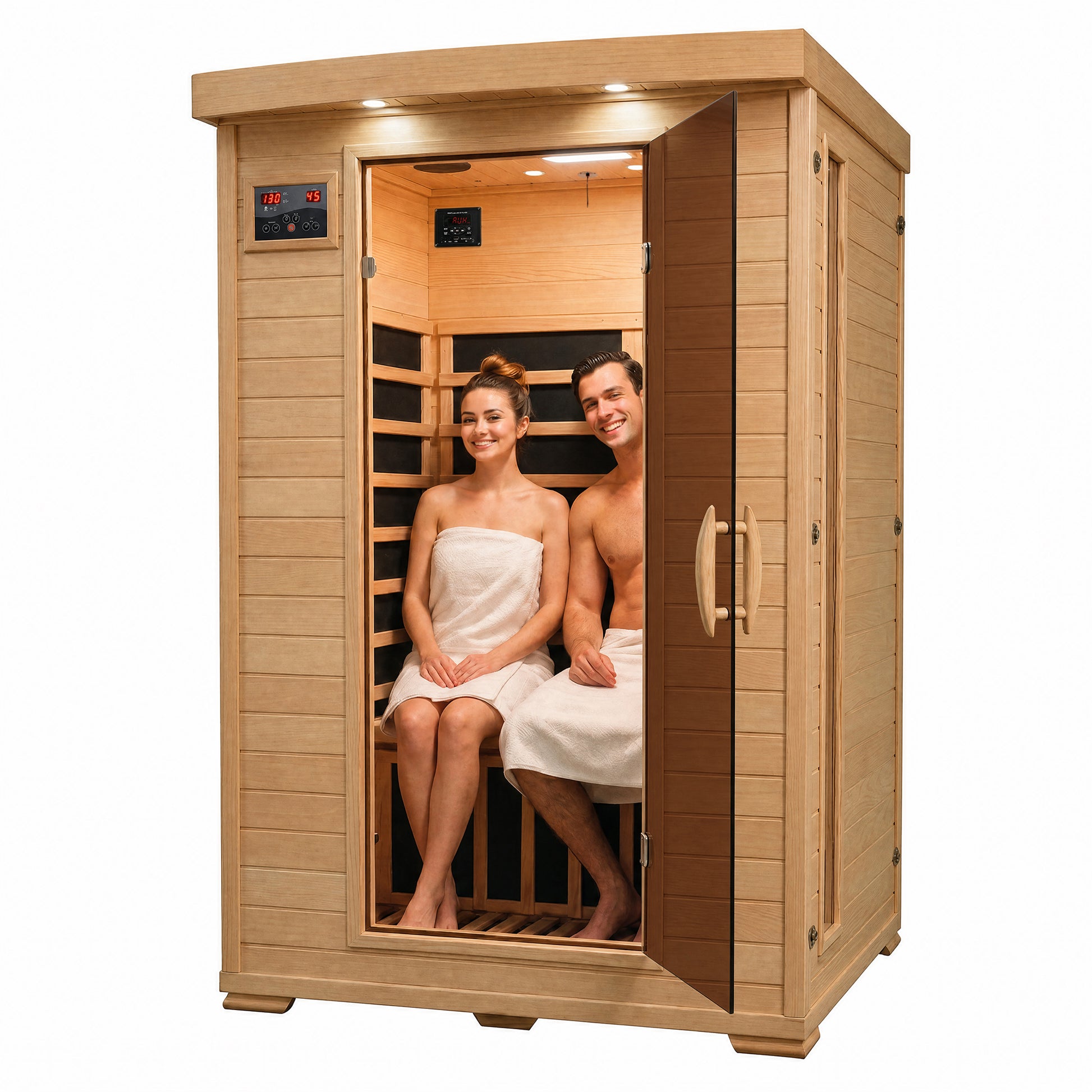 HeatWave Coronado 2-Person Hemlock Deluxe Infrared Sauna with 6 Carbon Heaters, two people relaxing inside with the glass door open