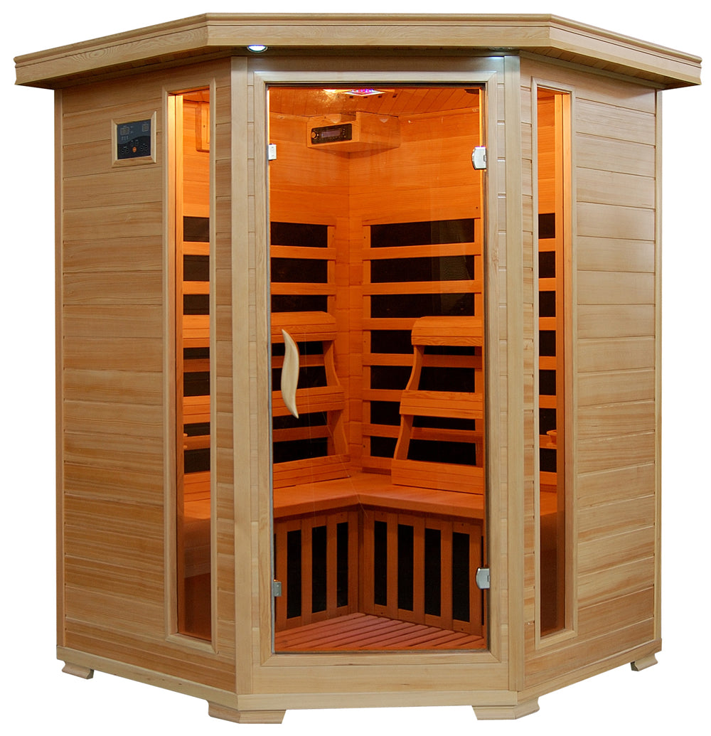 HeatWave Santa Fe 3-Person Hemlock Corner Infrared Sauna, angled front view showing glass door, control panel, and cedar-tone interior benches
