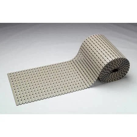 Close-up texture of Harvia anti-slip waterproof beige PVC sauna flooring.