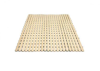 Wooden slat bed frame on a white background