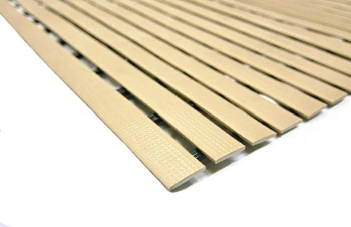 Close-up of a wooden slat panel on a white background