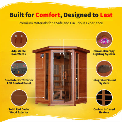 HeatWave Hudson Bay Cedar Corner Sauna features graphic: adjustable roof vents, LED control panel, solid red cedar exterior, chromotherapy lighting, sound system, carbon heaters