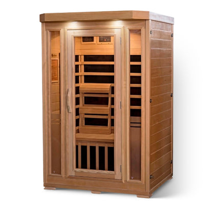 HeatWave Sonoma 2-Person Hemlock Infrared Sauna, angled studio view of the hemlock cabinet with glass door, side window, and interior benches