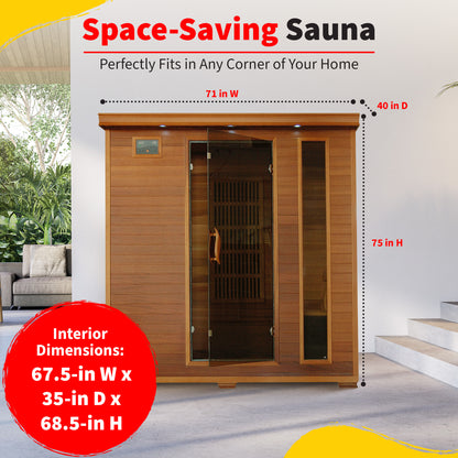 HeatWave Klondike Cedar Infrared Sauna dimensions graphic: exterior 71 in W x 40 in D x 75 in H, interior 67.5 x 35 x 68.5 in