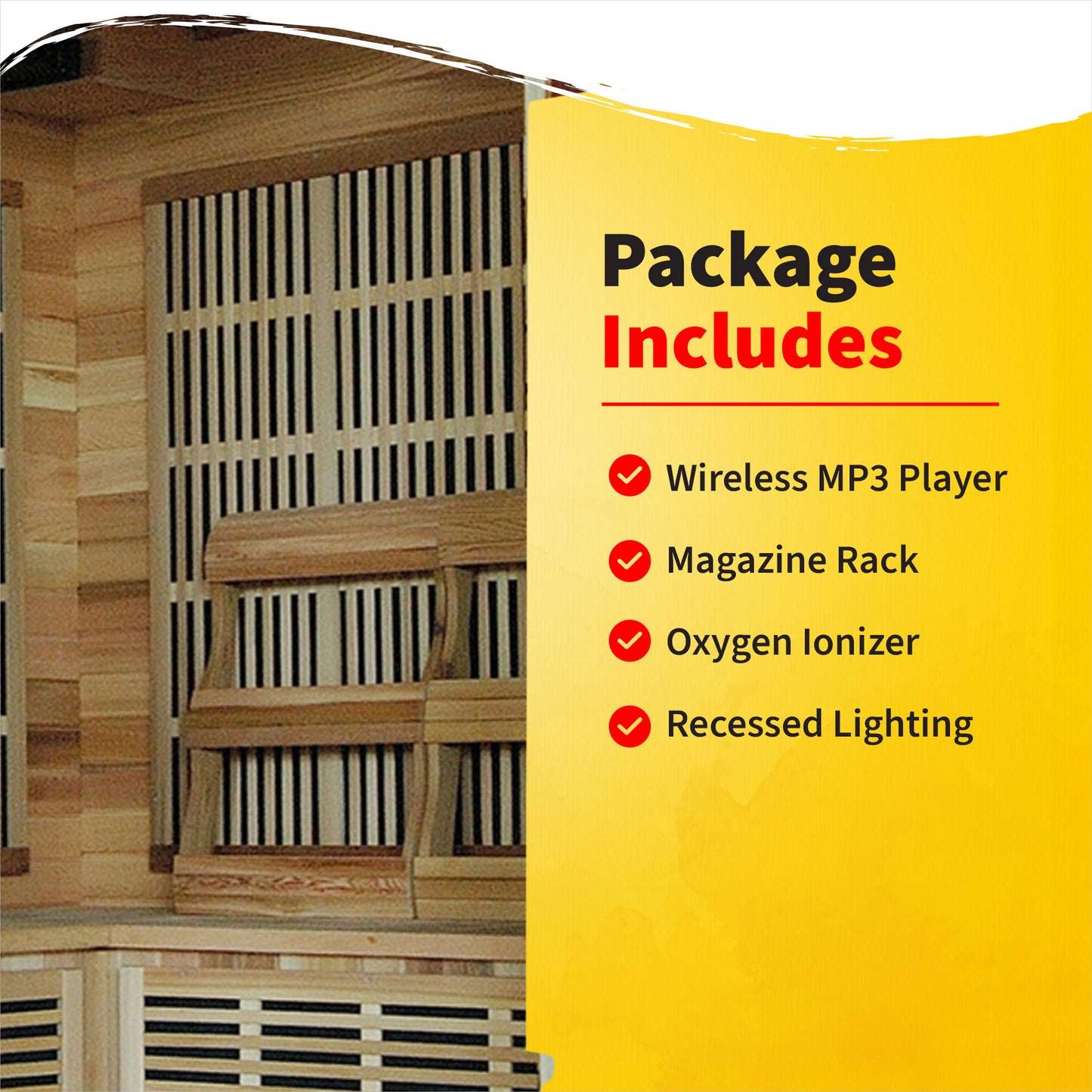 HeatWave Whistler Cedar Corner Sauna Package Includes graphic: wireless MP3 player, magazine rack, oxygen ionizer, and recessed lighting