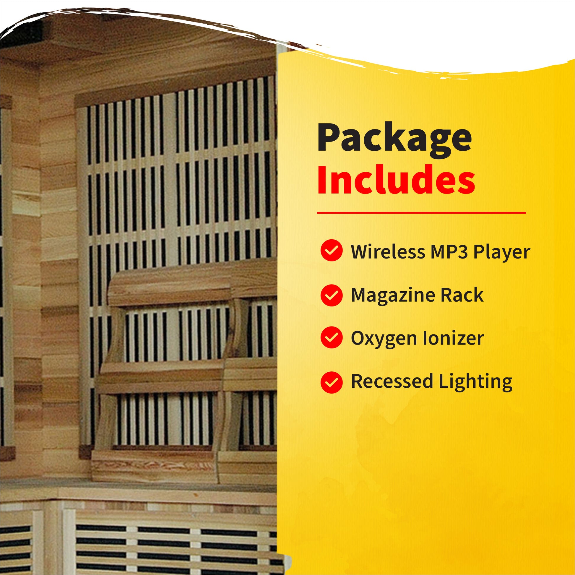 HeatWave Whistler Cedar Corner Sauna Package Includes graphic: wireless MP3 player, magazine rack, oxygen ionizer, and recessed lighting