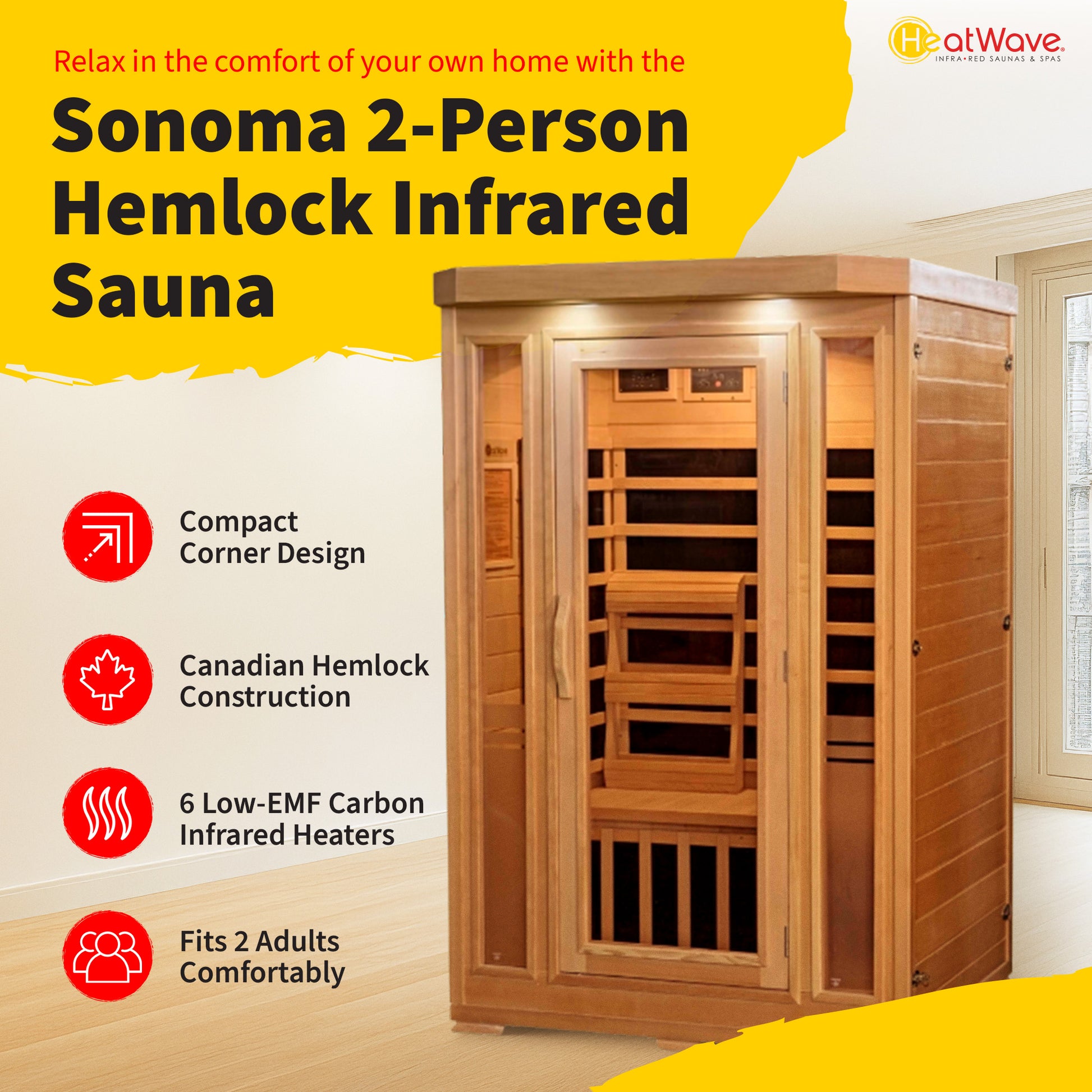 HeatWave Sonoma 2-Person Hemlock Infrared Sauna feature graphic: space-saving design, Canadian hemlock construction, 6 low-EMF carbon heaters, fits 2 adults