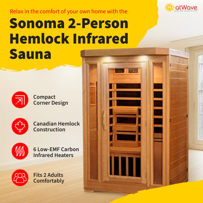 HeatWave Sonoma 2-Person Hemlock Infrared Sauna feature graphic: space-saving design, Canadian hemlock construction, 6 low-EMF carbon heaters, fits 2 adults