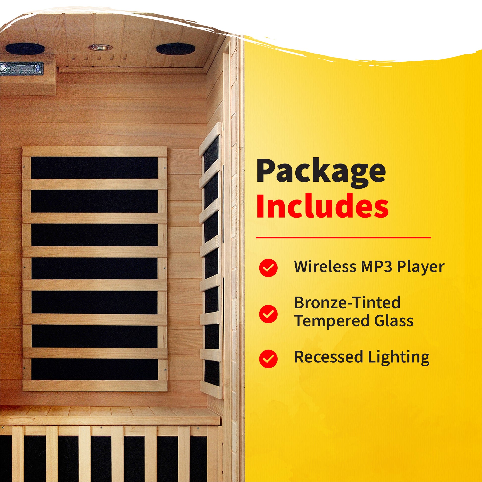 HeatWave Buena Vista 1-2 Person Hemlock Infrared Sauna package includes wireless MP3 player, bronze-tinted tempered glass and recessed lighting