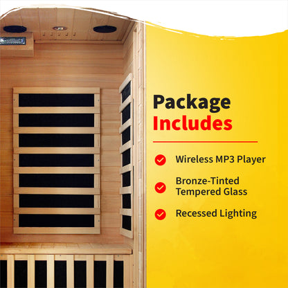 HeatWave Buena Vista 1-2 Person Hemlock Infrared Sauna package includes wireless MP3 player, bronze-tinted tempered glass and recessed lighting