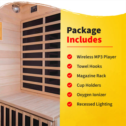 HeatWave Sonoma 4-Person Hemlock Sauna Package Includes graphic: wireless MP3 player, towel hooks, magazine rack, cup holders, oxygen ionizer, recessed lighting