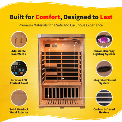 HeatWave Sonoma Hemlock Sauna features graphic: adjustable roof vents, interior LED control panel, solid hemlock exterior, chromotherapy lighting, sound system, carbon heaters