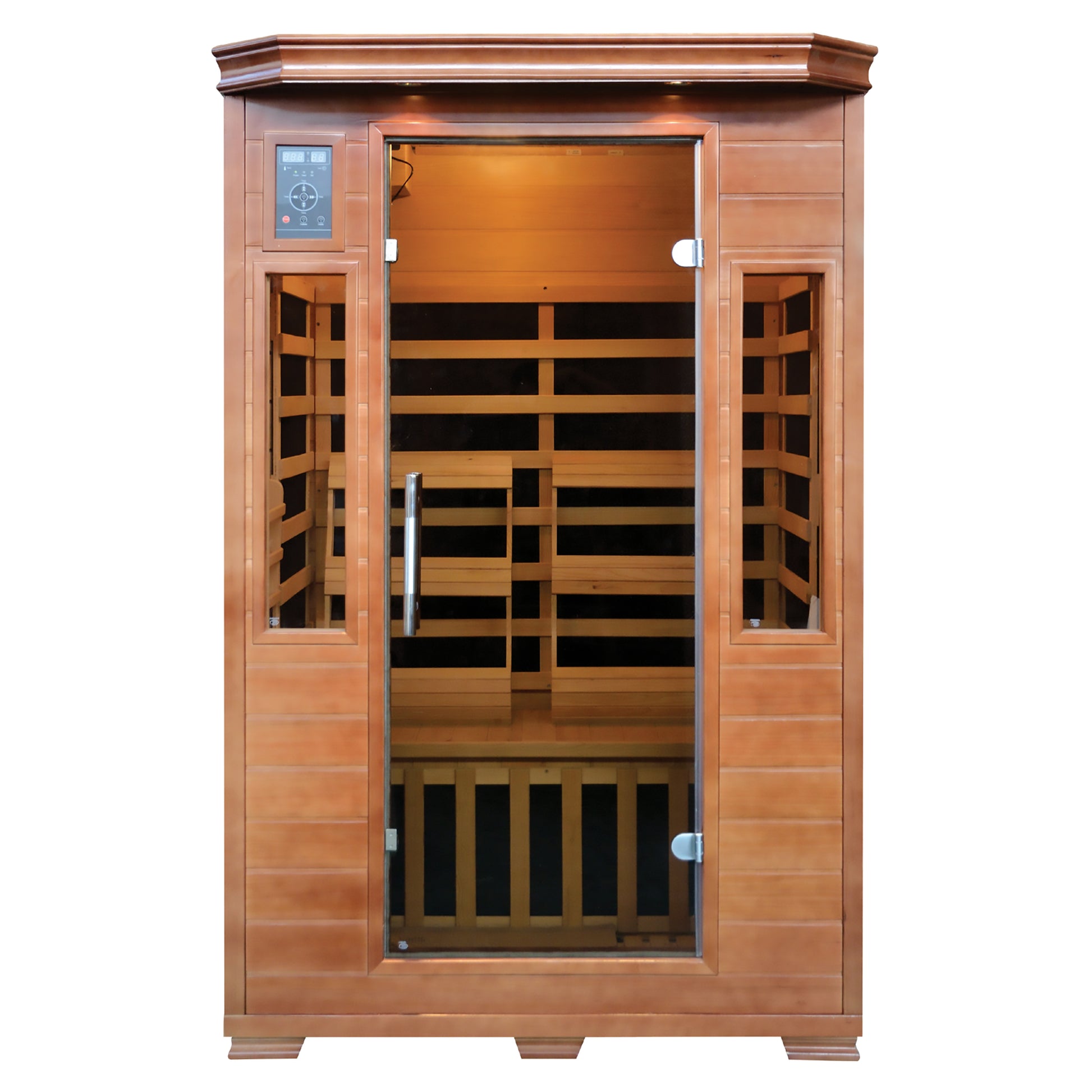 HeatWave 2-Person Hemlock Premium Infrared Sauna, front view with glass door, touchscreen control panel, side windows, and interior carbon heaters
