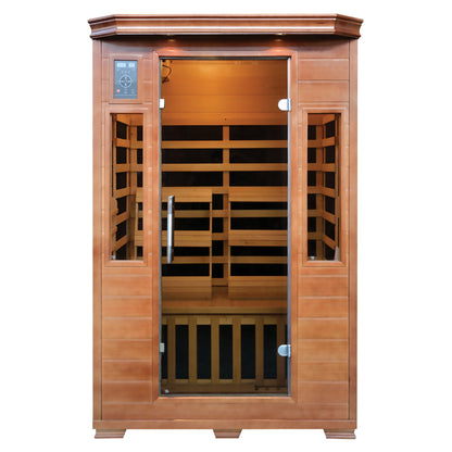 HeatWave 2-Person Hemlock Premium Infrared Sauna, front view with glass door, touchscreen control panel, side windows, and interior carbon heaters