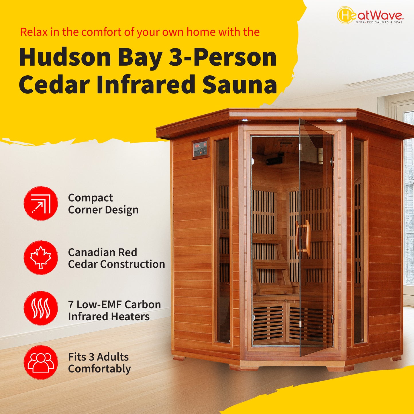 HeatWave Hudson Bay 3-Person Cedar Corner Infrared Sauna feature graphic: compact corner design, Canadian red cedar, 7 low-EMF carbon heaters, fits 3 adults