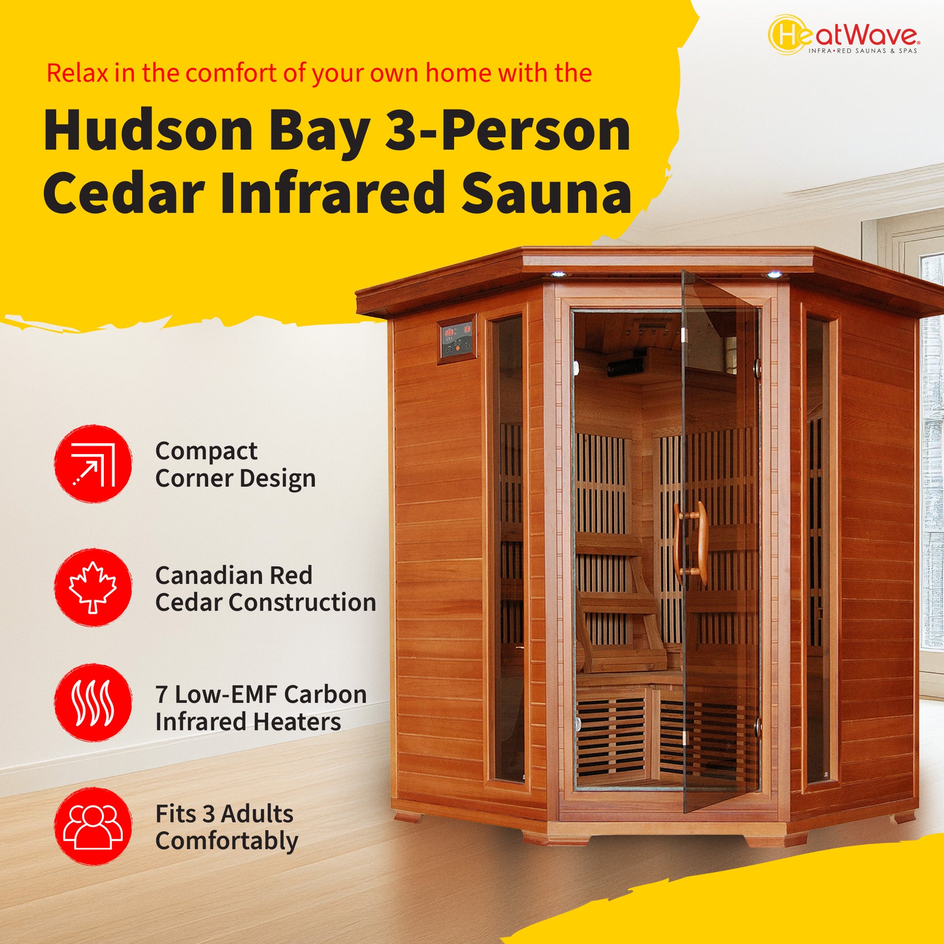 HeatWave Hudson Bay 3-Person Cedar Corner Infrared Sauna feature graphic: compact corner design, Canadian red cedar, 7 low-EMF carbon heaters, fits 3 adults