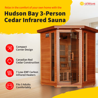 HeatWave Hudson Bay 3-Person Cedar Corner Infrared Sauna feature graphic: compact corner design, Canadian red cedar, 7 low-EMF carbon heaters, fits 3 adults