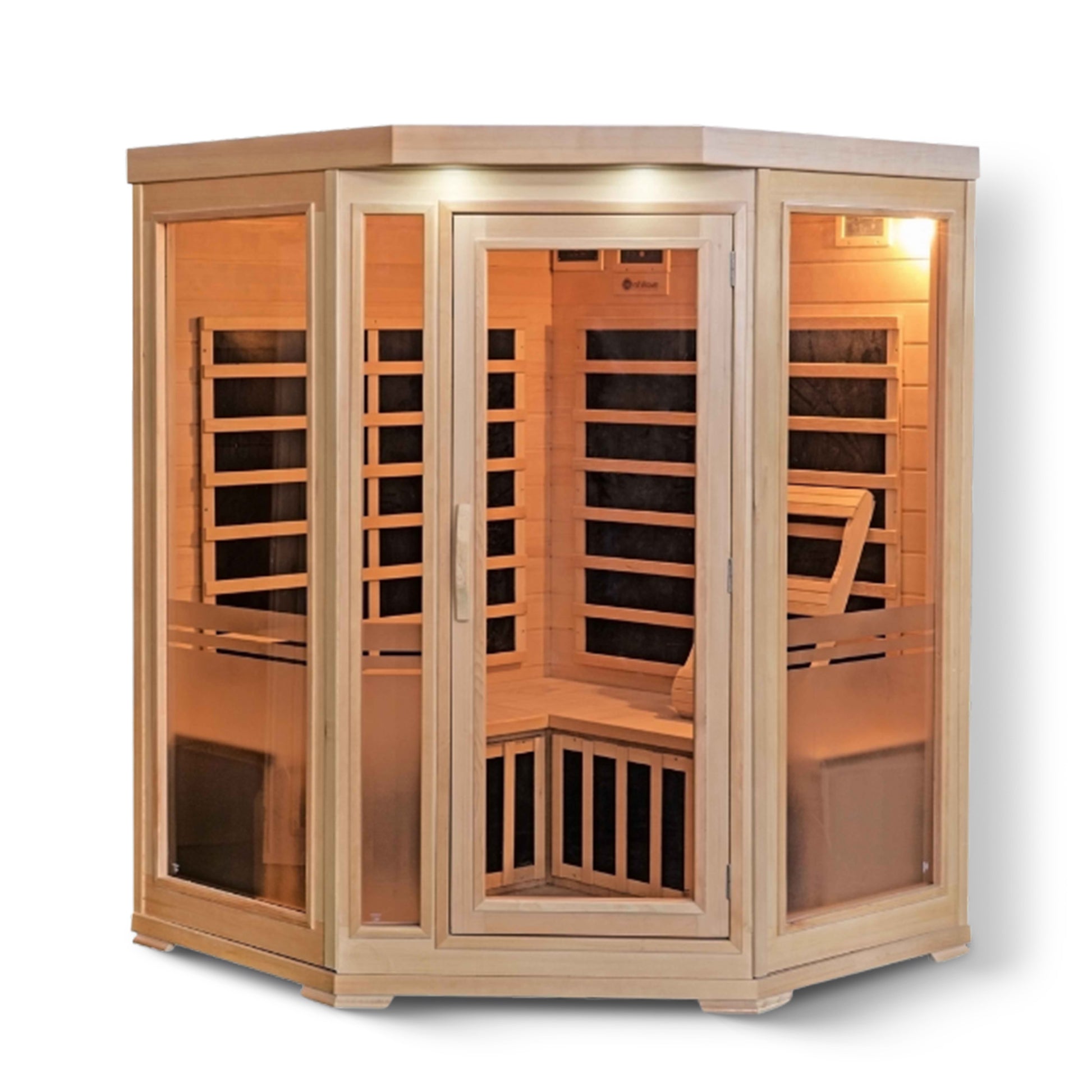 HeatWave Sonoma 3-Person Hemlock Corner Infrared Sauna, angled studio view of the corner cabinet with glass door, side windows, and interior benches