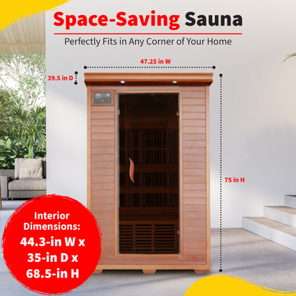 HeatWave Yukon Cedar Sauna dimensions graphic: exterior 47.25 in W x 39.5 in D x 75 in H, interior 44.3 x 35 x 68.5 in