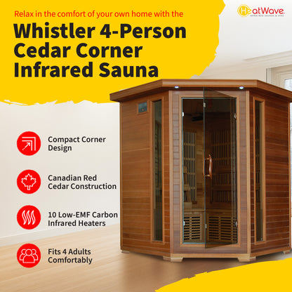 HeatWave Whistler 4-Person Cedar Corner Infrared Sauna feature graphic: compact corner design, Canadian red cedar, 10 low-EMF carbon heaters, fits 4 adults