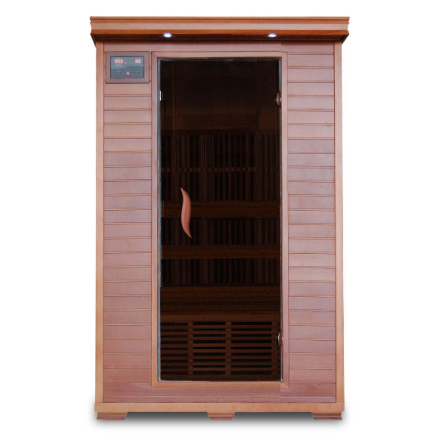 HeatWave Yukon 2-Person Cedar Infrared Sauna, front studio view of the cedar cabinet with glass door and interior bench visible