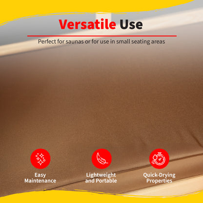 HeatWave brown sauna seat cushion infographic titled Versatile Use, set against the cushion fabric, with icons for easy maintenance, lightweight portability, and quick-drying properties