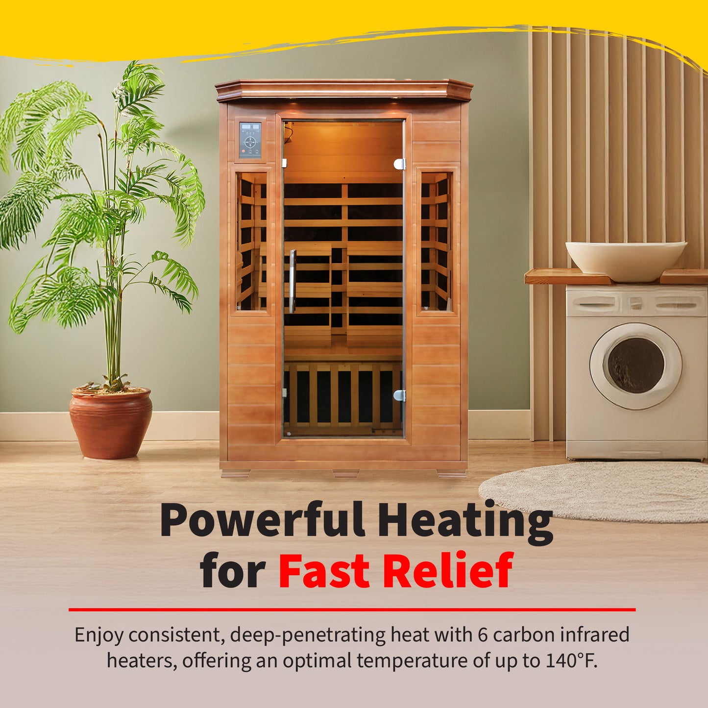 HeatWave 2-Person Hemlock Premium Sauna heating graphic: 6 carbon infrared heaters delivering deep-penetrating heat up to 140F