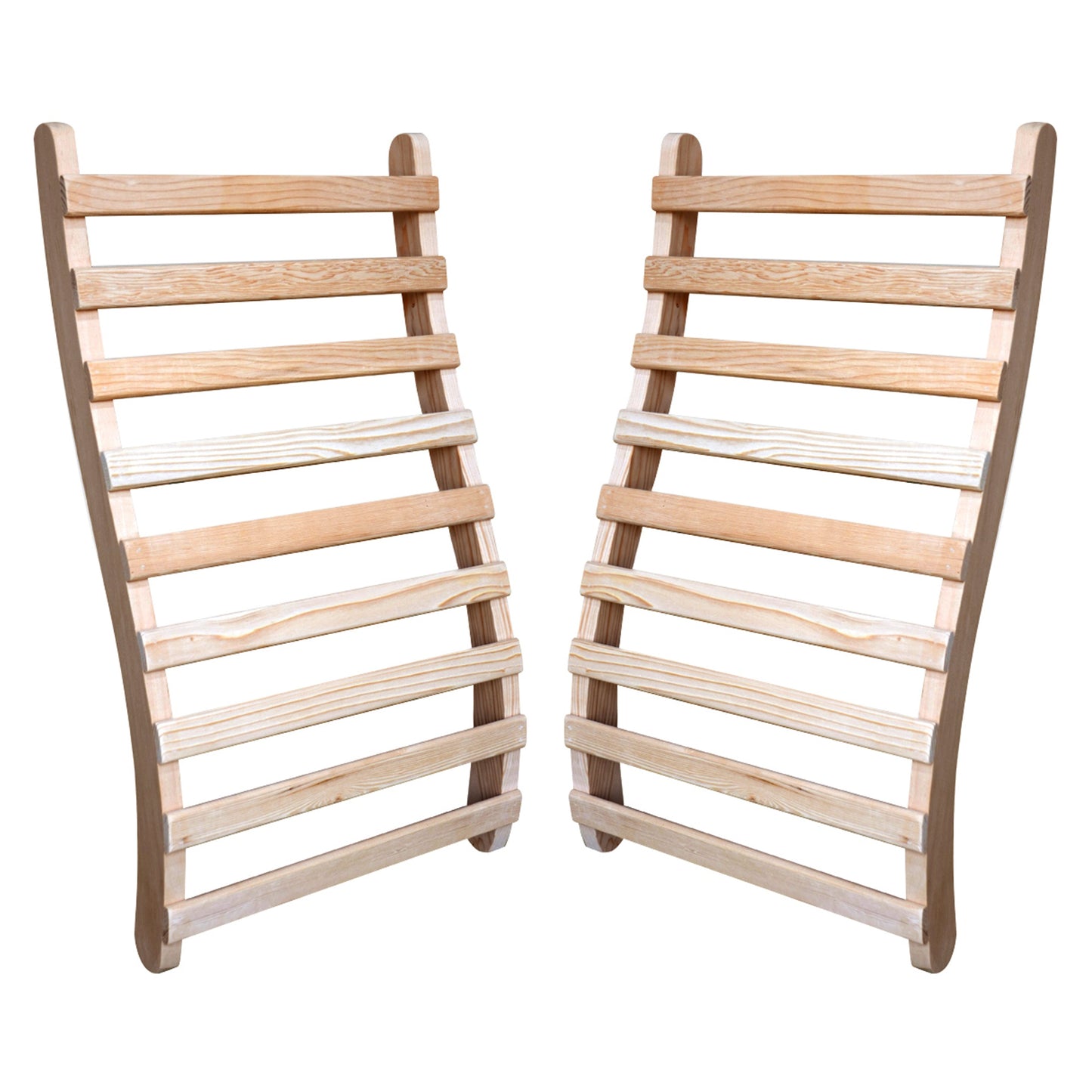 HeatWave Universal Sauna Backrest set of two in natural hemlock wood, curved S-shaped slatted design shown on a white background