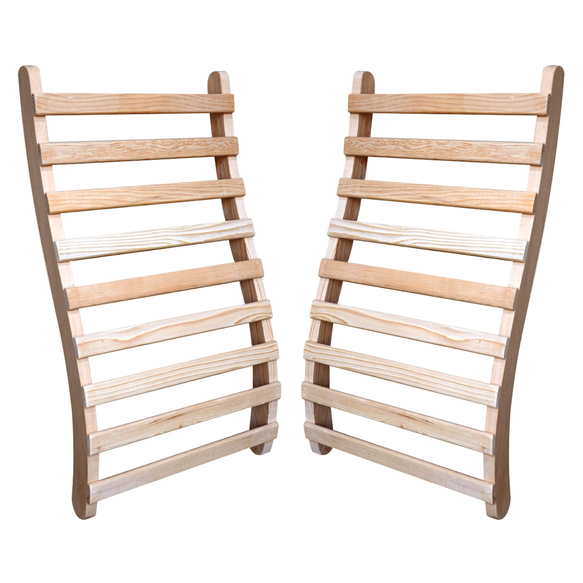 HeatWave Universal Sauna Backrest set of two in natural hemlock wood, curved S-shaped slatted design shown on a white background