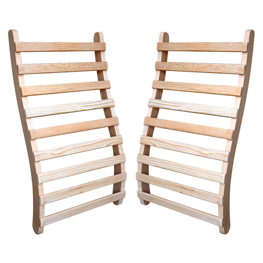 HeatWave Universal Sauna Backrest set of two in natural hemlock wood, curved S-shaped slatted design shown on a white background
