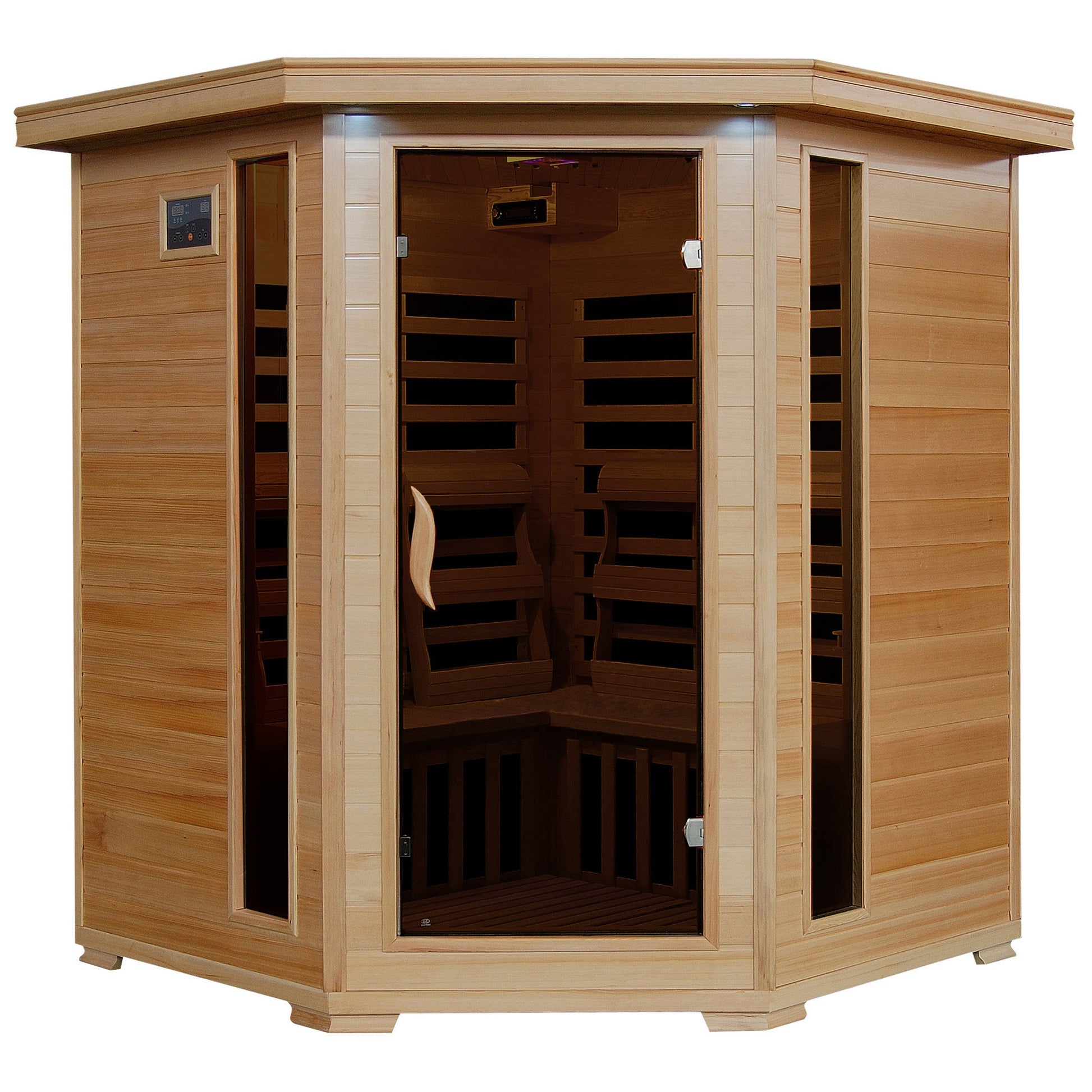HeatWave Tucson 4-Person Hemlock Corner Infrared Sauna with 10 Carbon Heaters, angled front view with glass door and interior benches