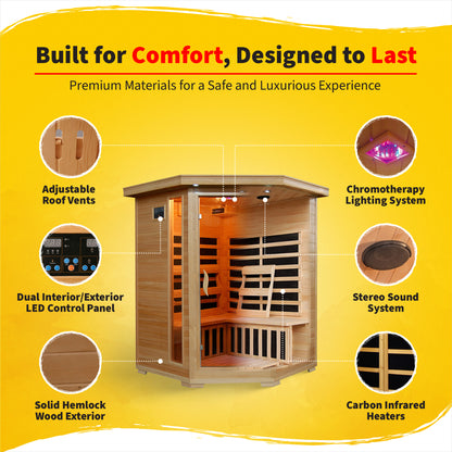 HeatWave Santa Fe Hemlock Corner Sauna features graphic: roof vents, LED control panel, hemlock exterior, chromotherapy lighting, sound system, carbon heaters