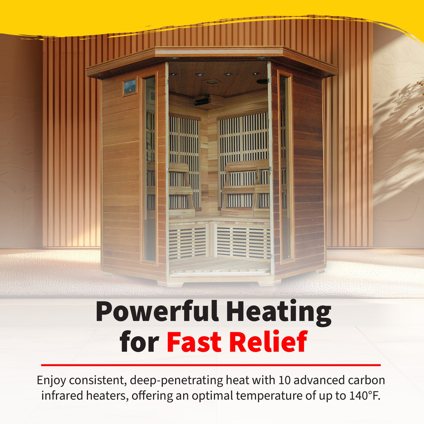 HeatWave Whistler Cedar Corner Sauna Powerful Heating graphic: 10 advanced carbon infrared heaters delivering deep heat up to 140°F for fast relief