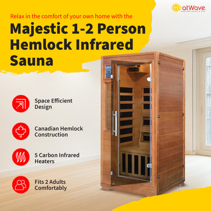 HeatWave 1-2 Person Hemlock Infrared Sauna feature graphic: space-efficient design, Canadian hemlock, 5 carbon infrared heaters, fits 2 adults