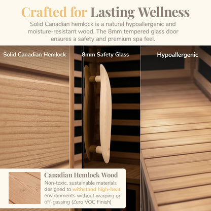 HeatWave Coronado Sauna materials close-up of solid Canadian hemlock wood, 8mm tempered safety glass door and hypoallergenic finish