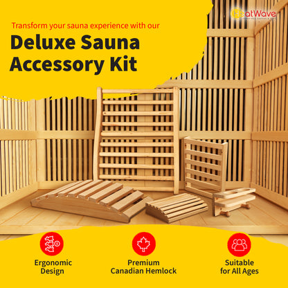 HeatWave Deluxe Sauna Accessory Kit infographic showing the hemlock pieces arranged inside an infrared sauna, highlighting its ergonomic design, premium Canadian hemlock wood, and suitability for all ages