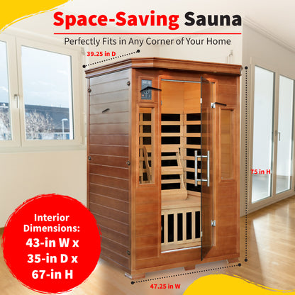 HeatWave 2-Person Hemlock Premium Sauna dimensions graphic: exterior 47.25 in W x 39.25 in D x 75 in H, interior 43 x 35 x 67 in