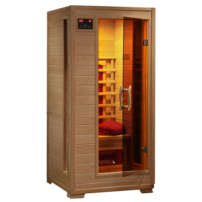 HeatWave Buena Vista 1-2 Person Hemlock Infrared Sauna with 3 Ceramic Heaters, front view with glass door and illuminated interior bench
