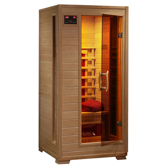 HeatWave Buena Vista 1-2 Person Hemlock Infrared Sauna with 3 Ceramic Heaters, front view with glass door and illuminated interior bench