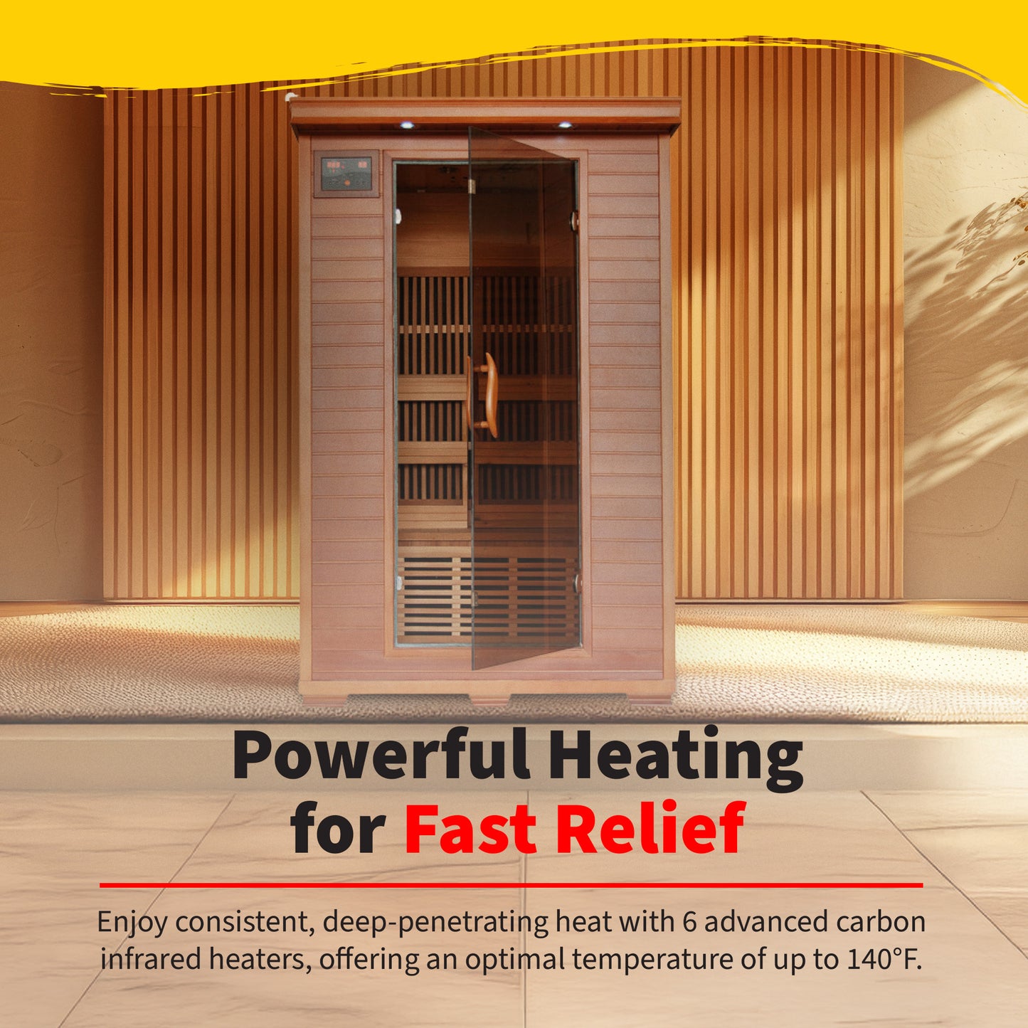 HeatWave Yukon Cedar Sauna Powerful Heating graphic: 6 advanced carbon infrared heaters delivering deep heat up to 140°F for fast relief