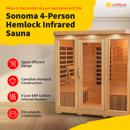 HeatWave Sonoma 4-Person Hemlock Infrared Sauna feature graphic: space efficient design, Canadian hemlock, 9 low-EMF carbon heaters, fits 4 adults