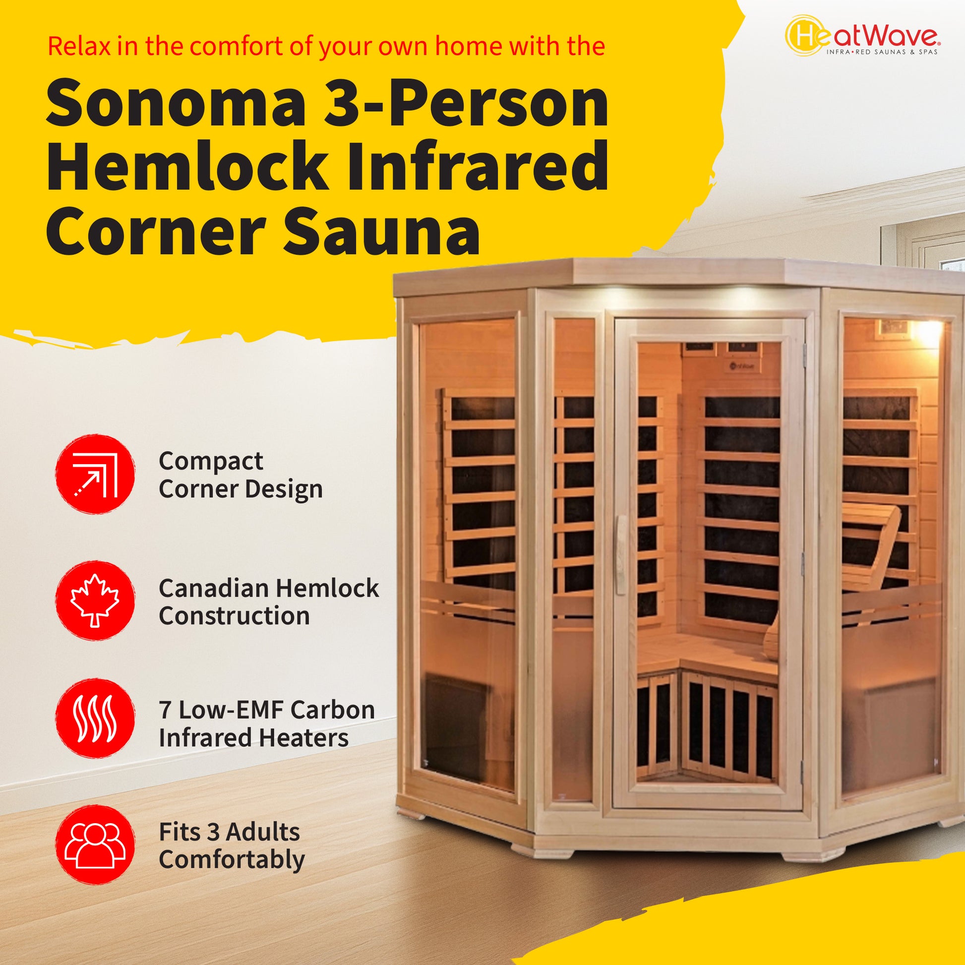 HeatWave Sonoma 3-Person Hemlock Corner Infrared Sauna feature graphic: compact corner design, Canadian hemlock, 7 low-EMF carbon heaters, fits 3 adults