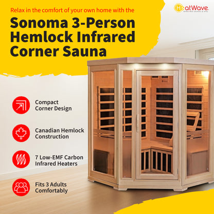 HeatWave Sonoma 3-Person Hemlock Corner Infrared Sauna feature graphic: compact corner design, Canadian hemlock, 7 low-EMF carbon heaters, fits 3 adults